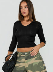 Sofelia Pointelle V Neck Top Black