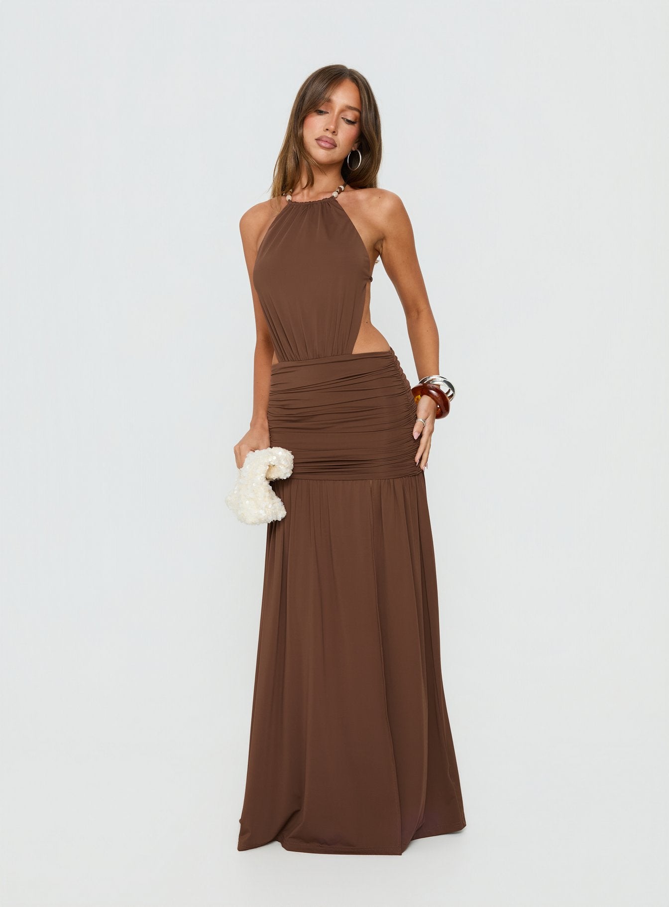 Tykaia Low Back Halter Maxi Dress Chocolate