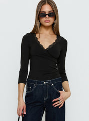 Lyselle Wrap Detail 3/4 Sleeve Bodysuit Black