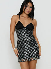 Disco Lights Sequin Lace Mini Dress Black
