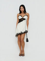 Raines Asymmetrical Lace Mini Dress Ivory / Black