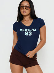 New York 93 Graphic V Neck Top Navy