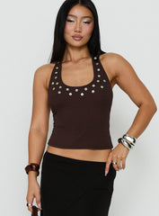 Renara Halter Ribbed Button Top Brown