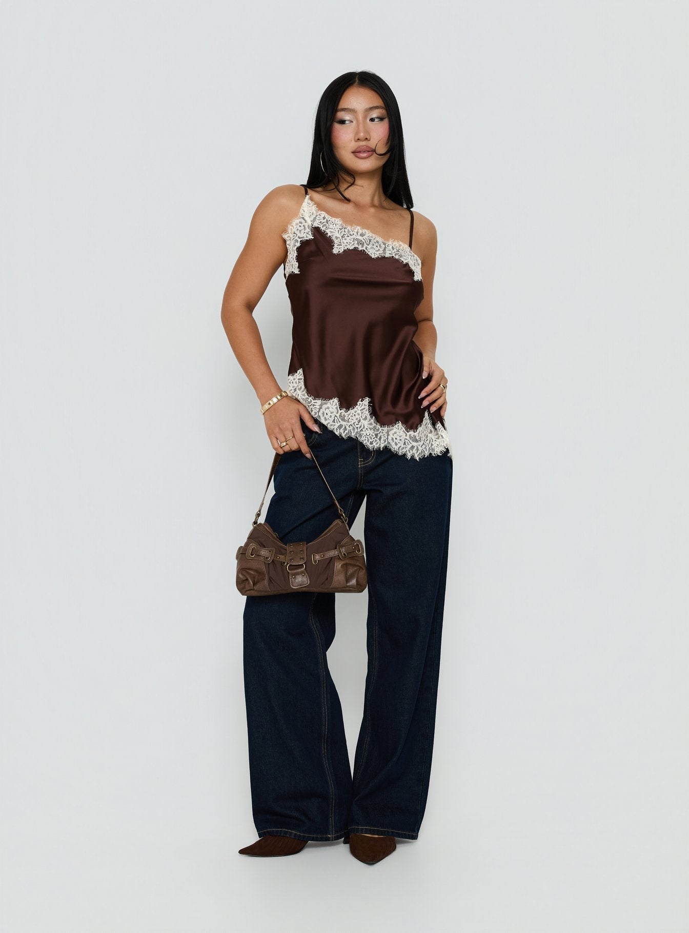 Winta Lace Trim Asymmetrical Satin Top Chocolate