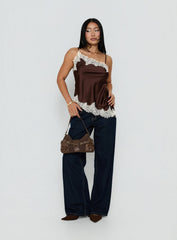 Winta Lace Trim Asymmetrical Satin Top Chocolate