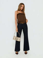 Sheyla Strapless Satin Lace Trim Top Chocolate