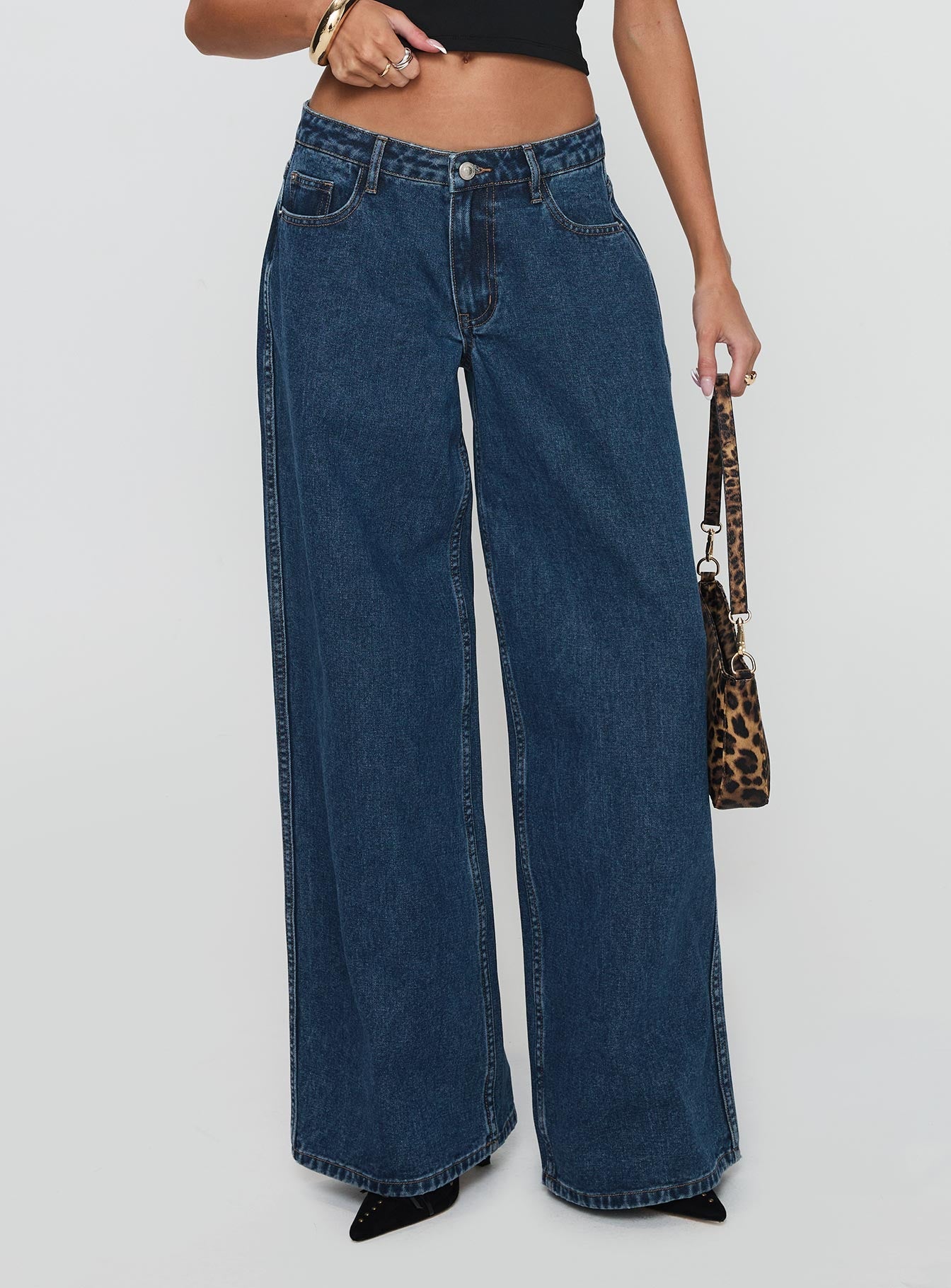 Ramos Low Rise Wide Leg Denim Jeans Dark Blue Wash