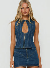 Capree Zip Up Top Mid Wash Denim