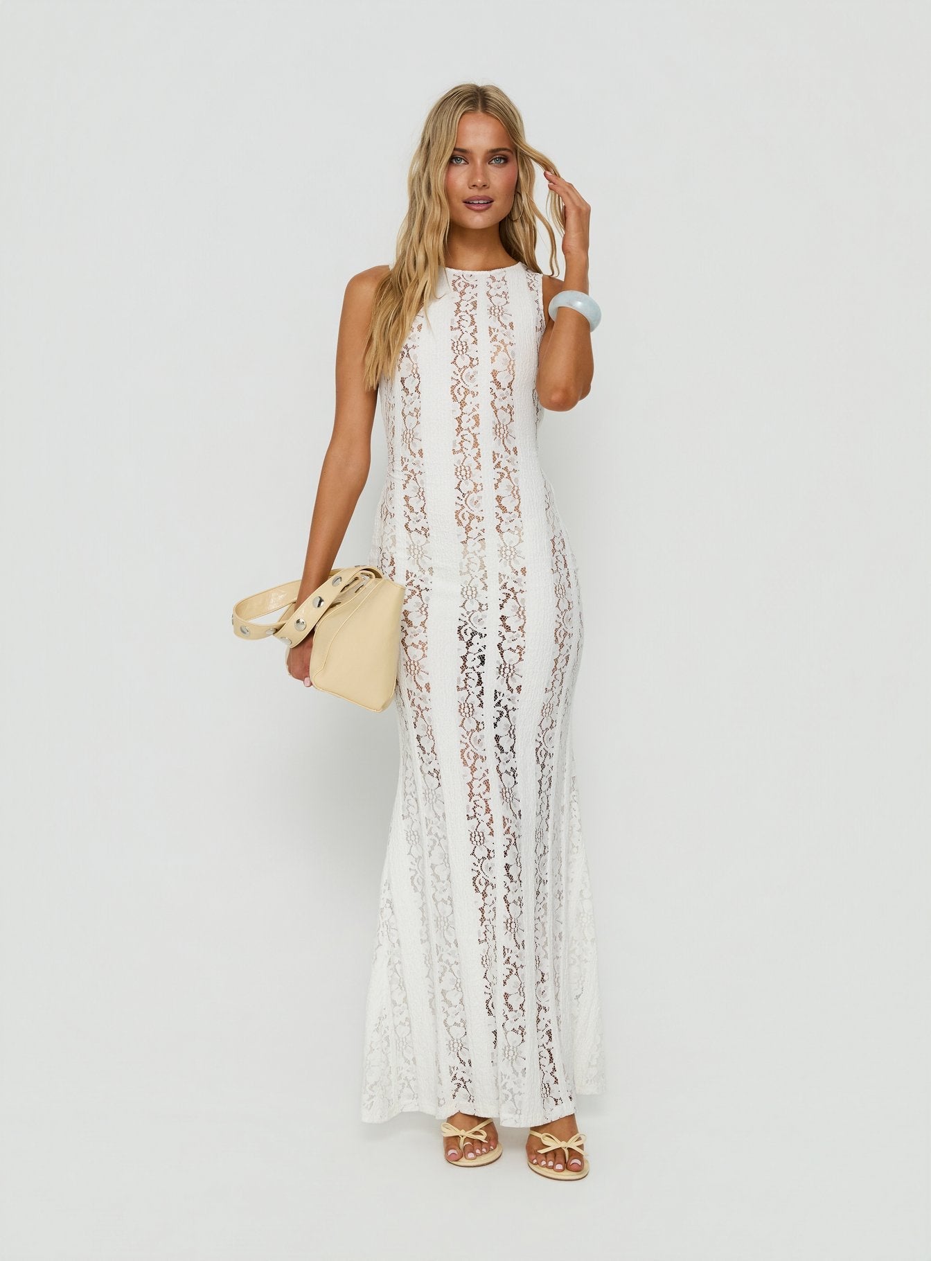 Laurenza Sheer Lace Maxi Dress Off White