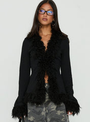 Brynlie Faux Fur Trim Boxy Cardigan Black