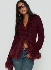Brynlie Faux Fur Trim Boxy Cardigan Burgundy