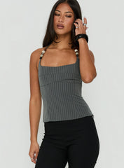 Cherise Bead Detail Top Charcoal Pinstripe
