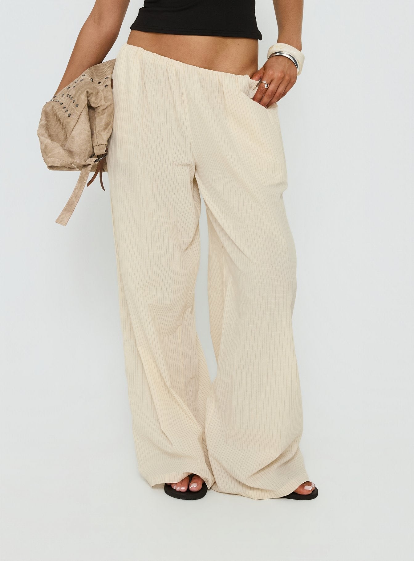 Lunea Concealed Waistband Pants Beige Stripe