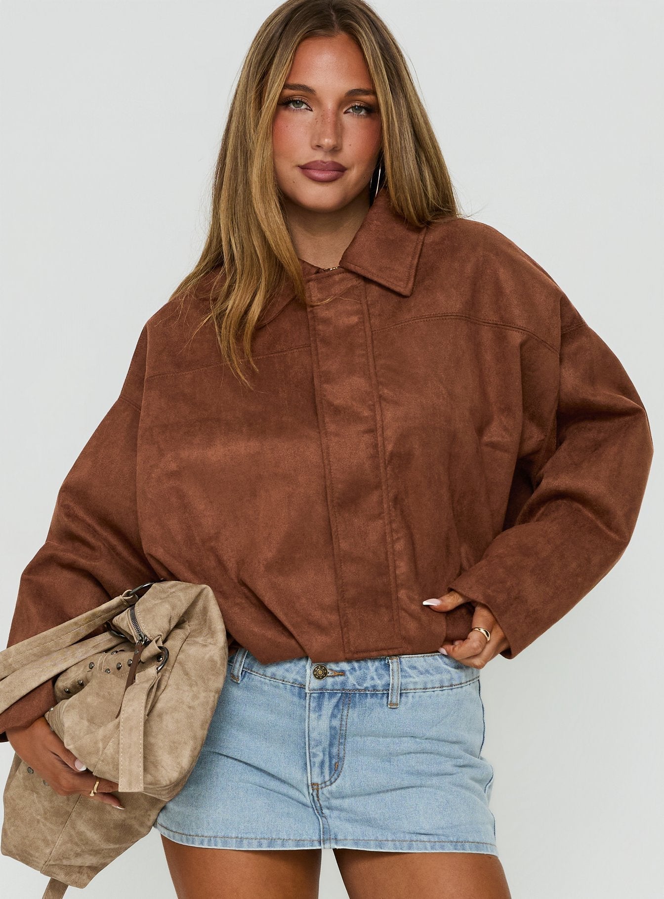 Enlightened Faux Suede Bomber Jacket Caramel