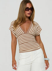Eleanorre Batwing V Neck Top Brown Stripe