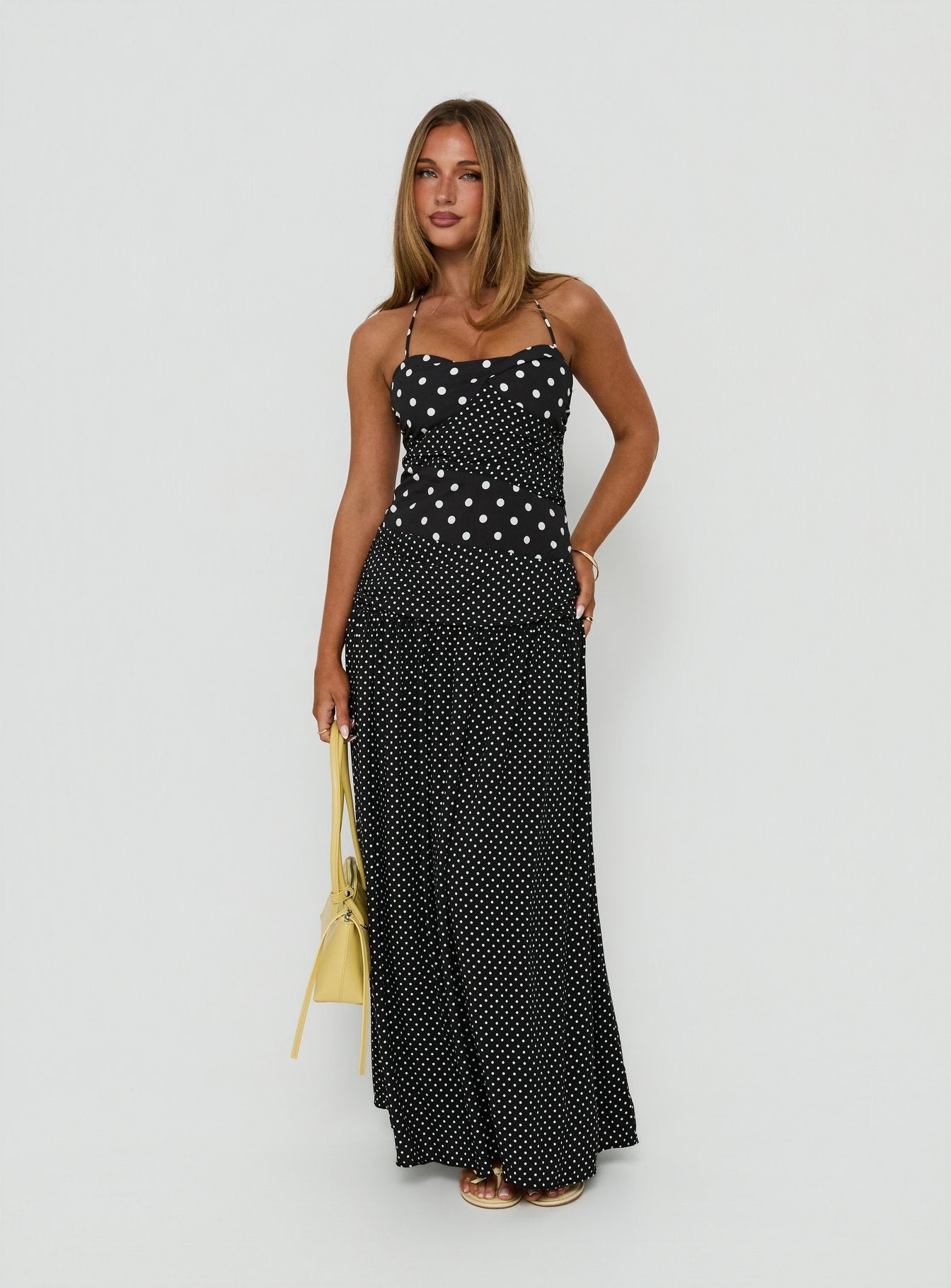Marguerite Halter Maxi Dress Black / White Polka Dot