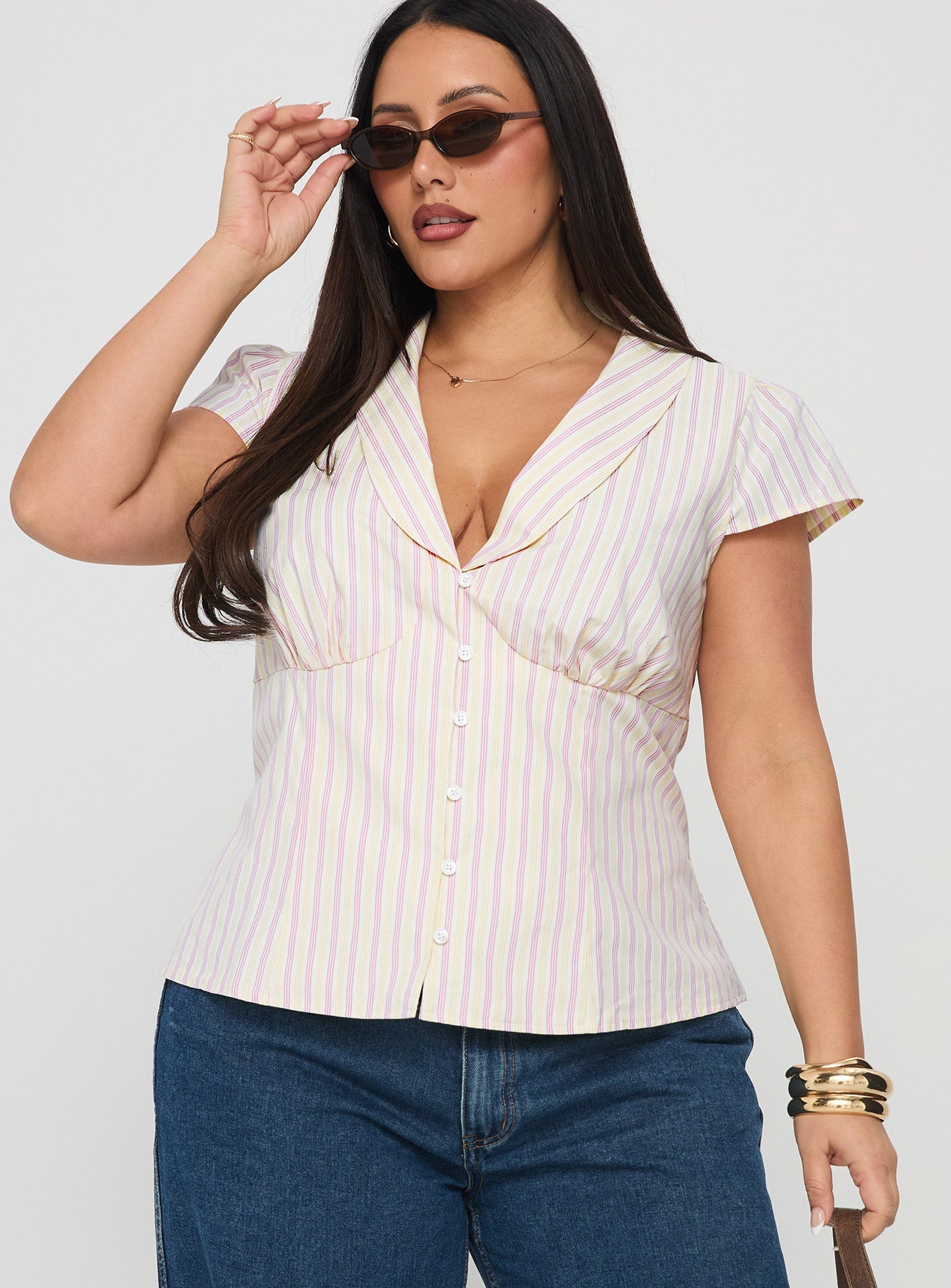 Ellis Island Collared Top Pink Stripe Curve