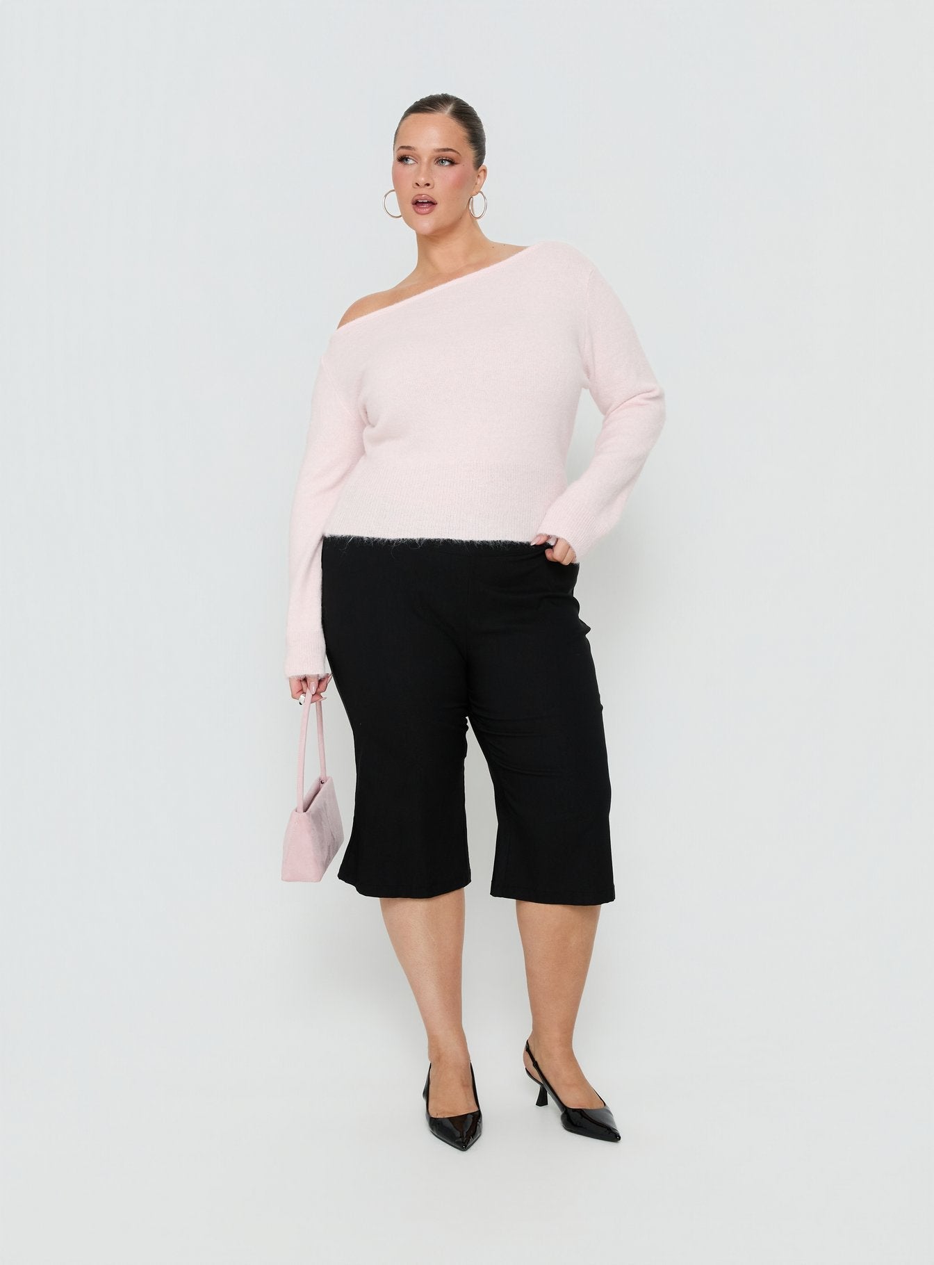 Selbey Fluffy Cinched Waist Off Shoulder Top Pink  Curve