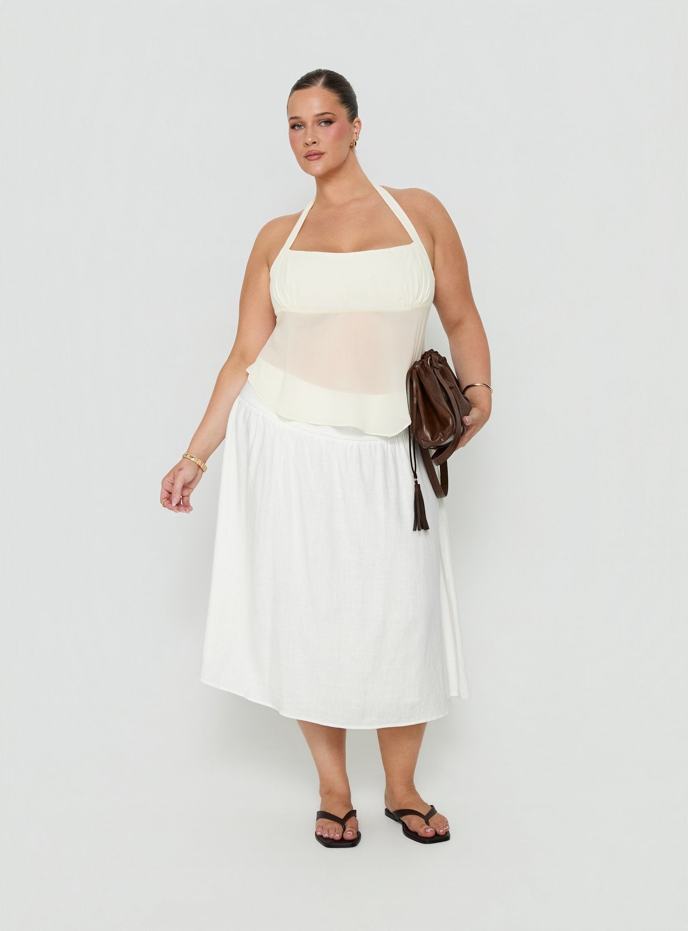 Heart Of Gold Linen Blend Midi Skirt White Curve