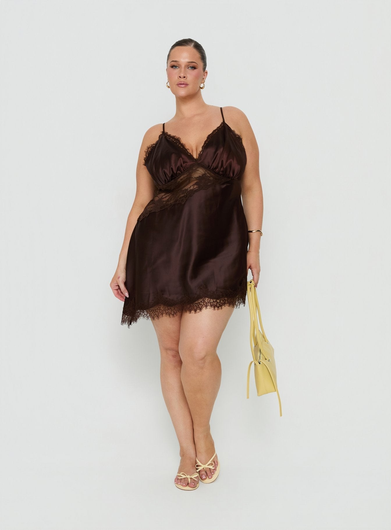 Raines Asymmetrical Lace Mini Dress Brown Curve