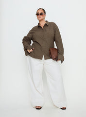 Xinia Tie Waist Long Sleeve Shirt Brown Check Curve