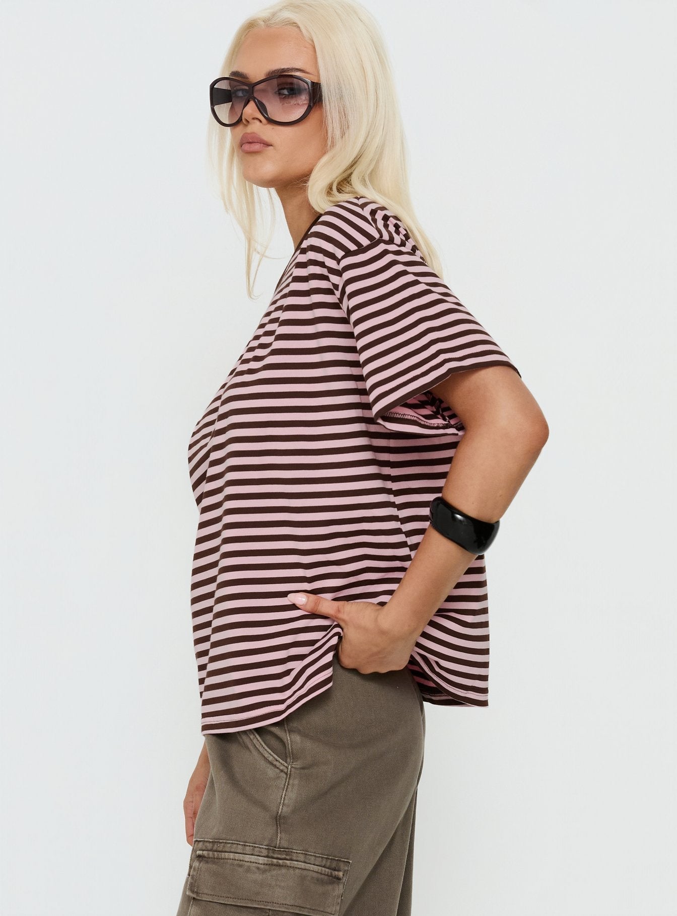 Settle Down One Shoulder Top Pink / Chocolate Stripe