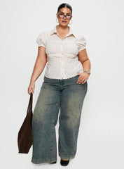 Deserve You Puff Sleeve Button Front Top Cream Stripe Curve
