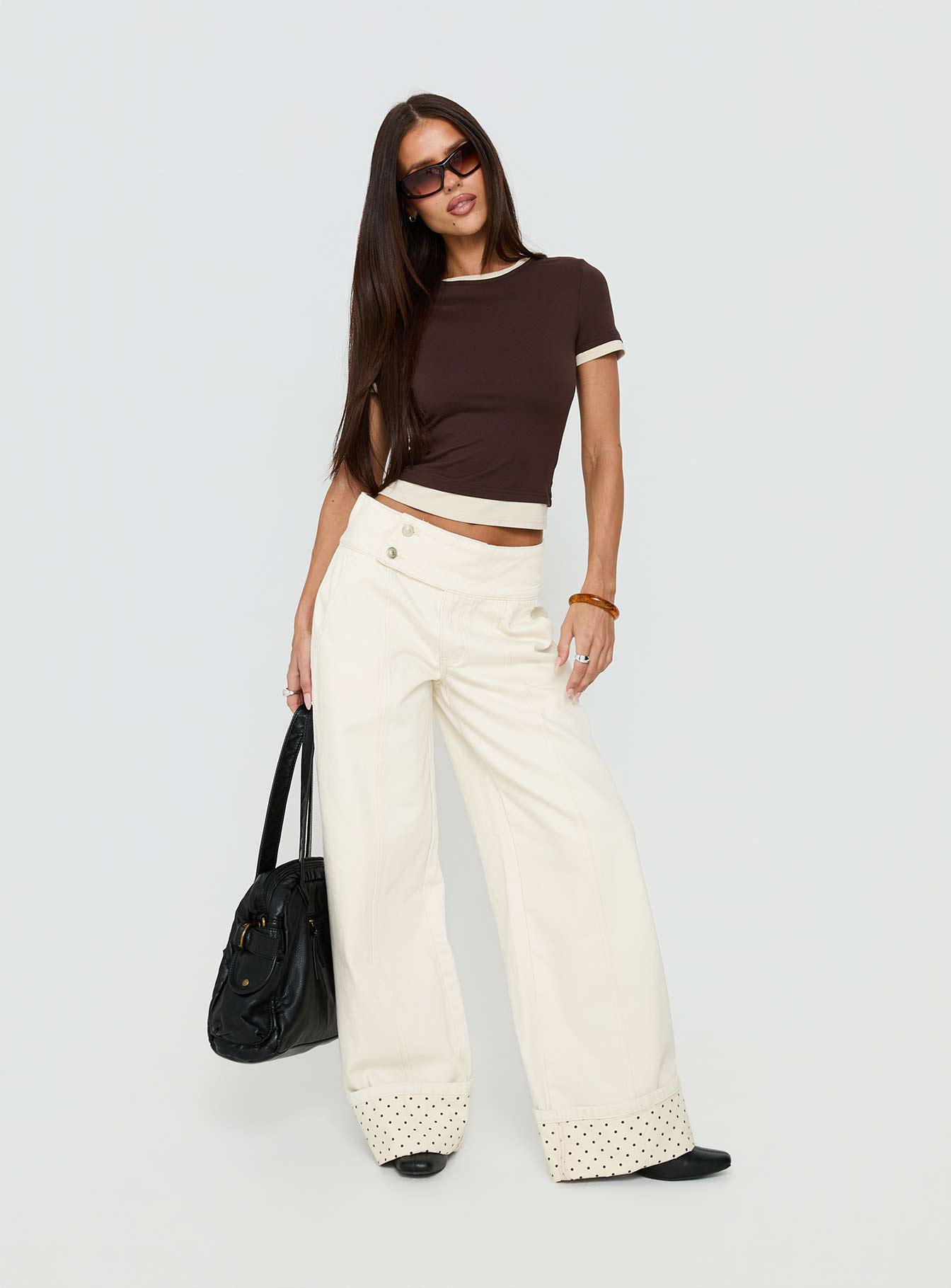Nikoletta Foldover Jeans Cream / Polka