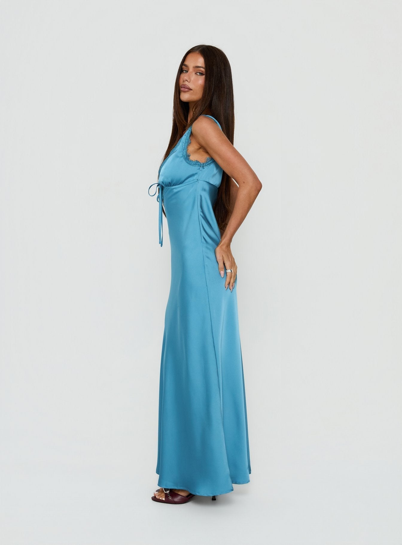Damelia Tie Detail Lace Trim Maxi Dress Blue