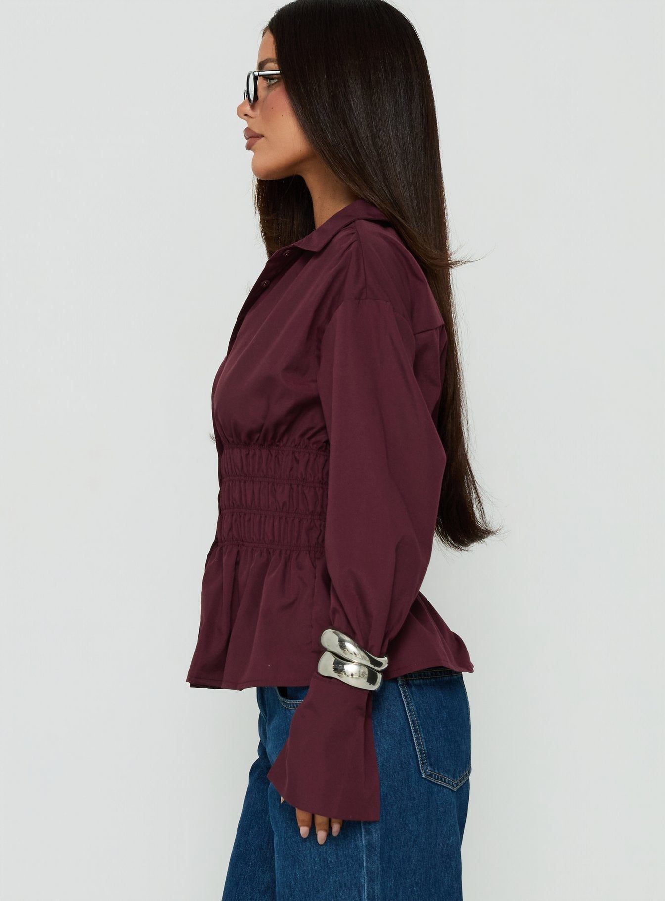 As You Are Shirred Button Up Top Cherry