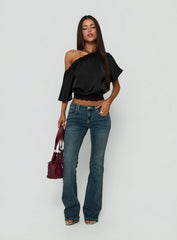 Full Send Off Shoulder Lace Trim Top Black