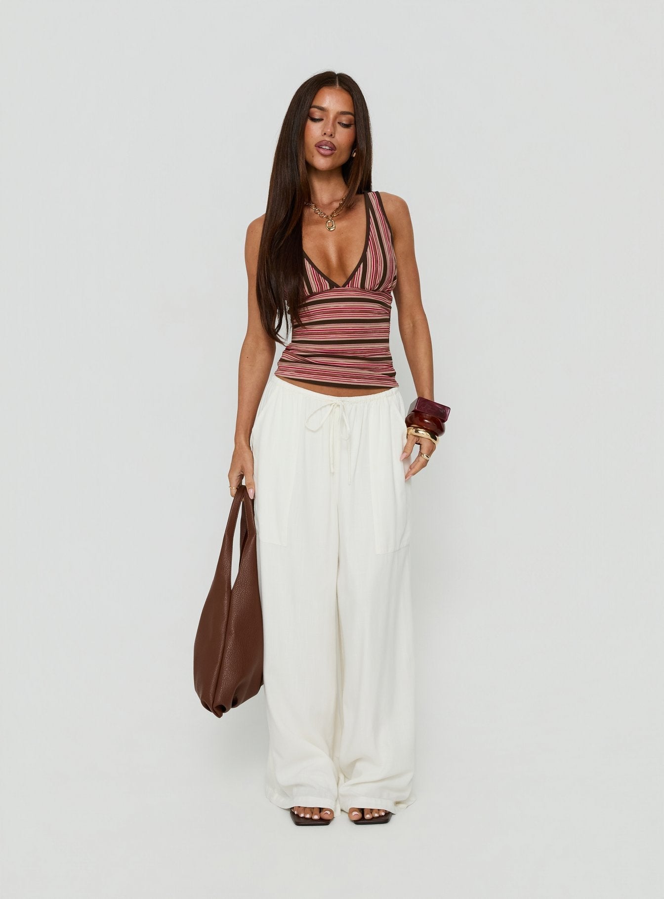 Alyza V Neck Tank Brown / Red Stripe