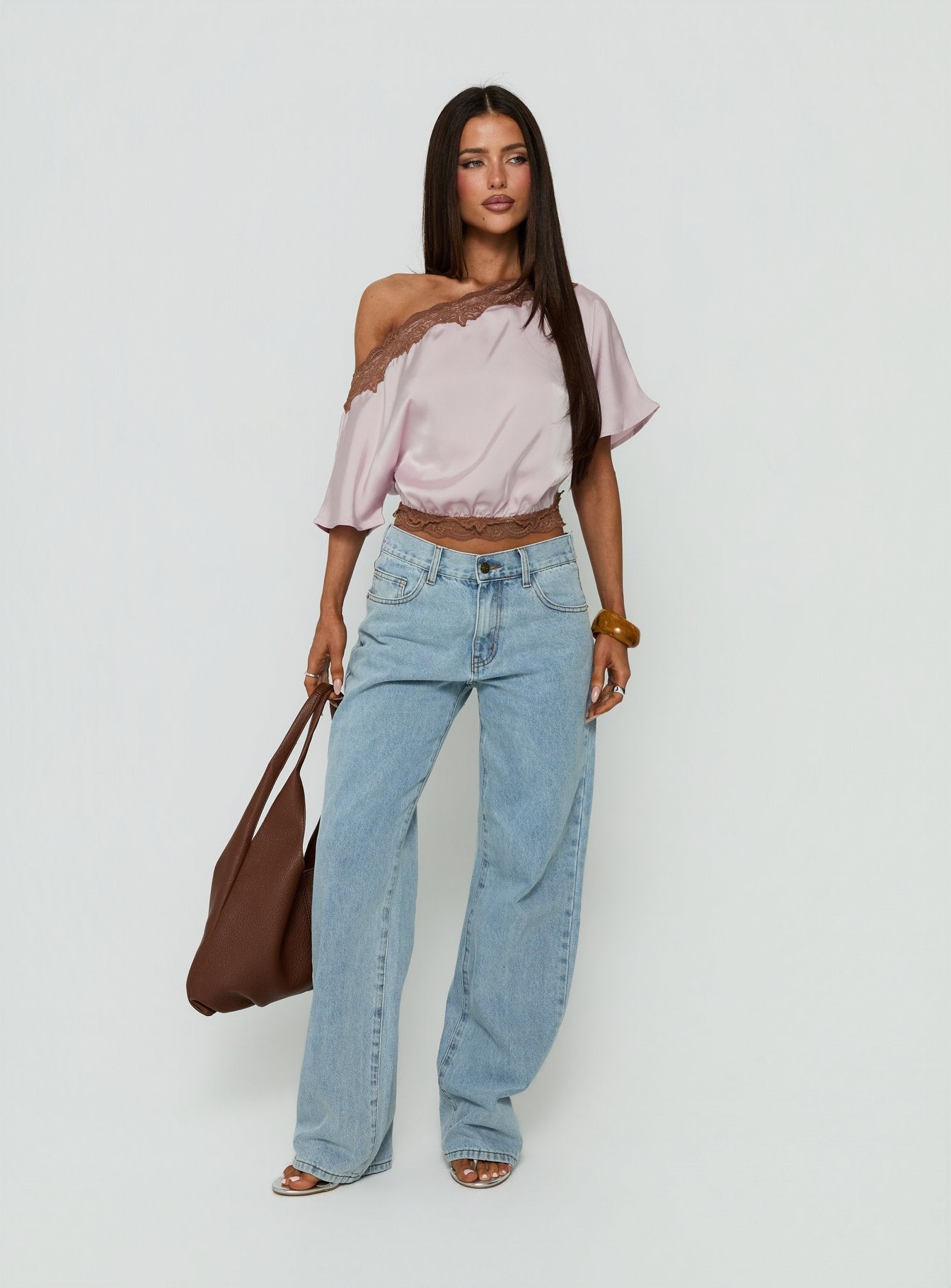 Full Send Off Shoulder Lace Trim Top Pink / Brown