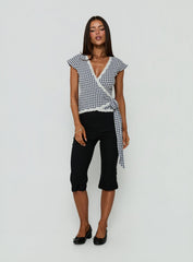 Meltwater Lace Trim Wrap Detail Top Navy Check
