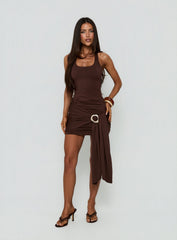 Elvara Ruched Scarf Mini Dress Chocolate