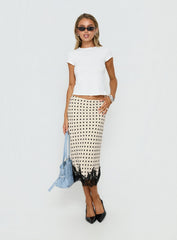Downtown Scene Lace Trim Maxi Skirt Cream Polka