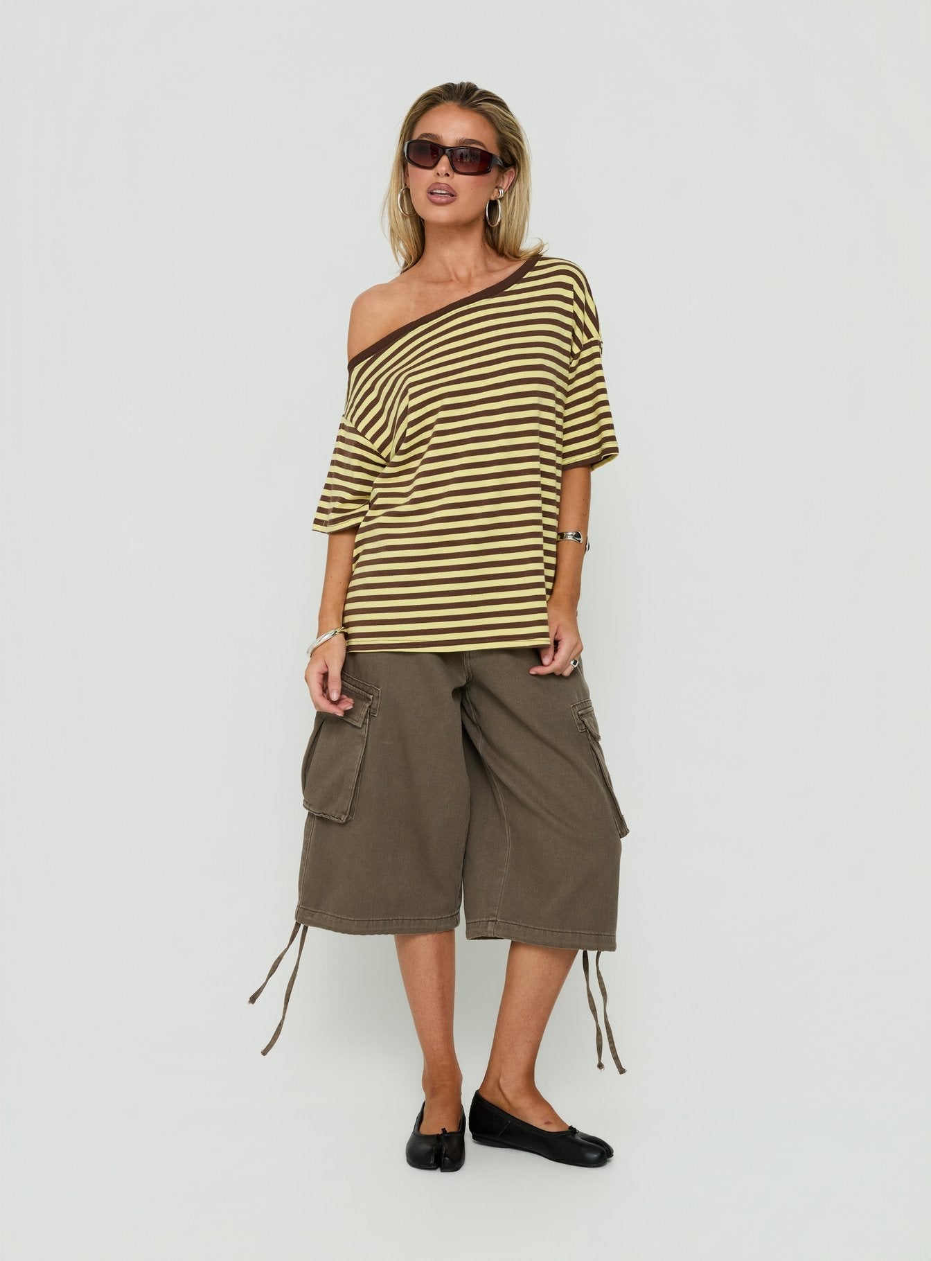 Settle Down One Shoulder Top Yellow / Chocolate Stripe