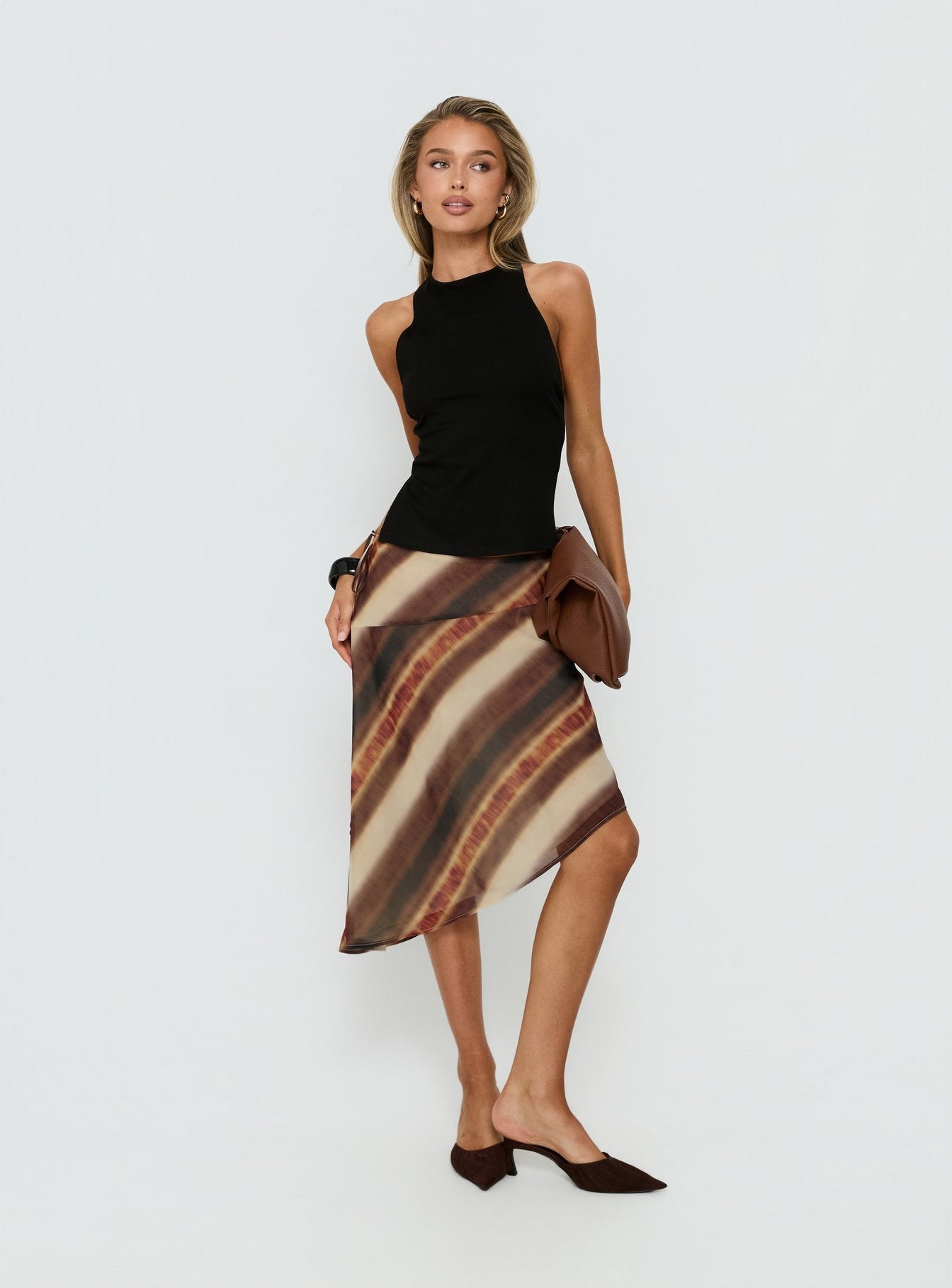 Esmira Asymmetrical Midi Skirt Brown Stripe