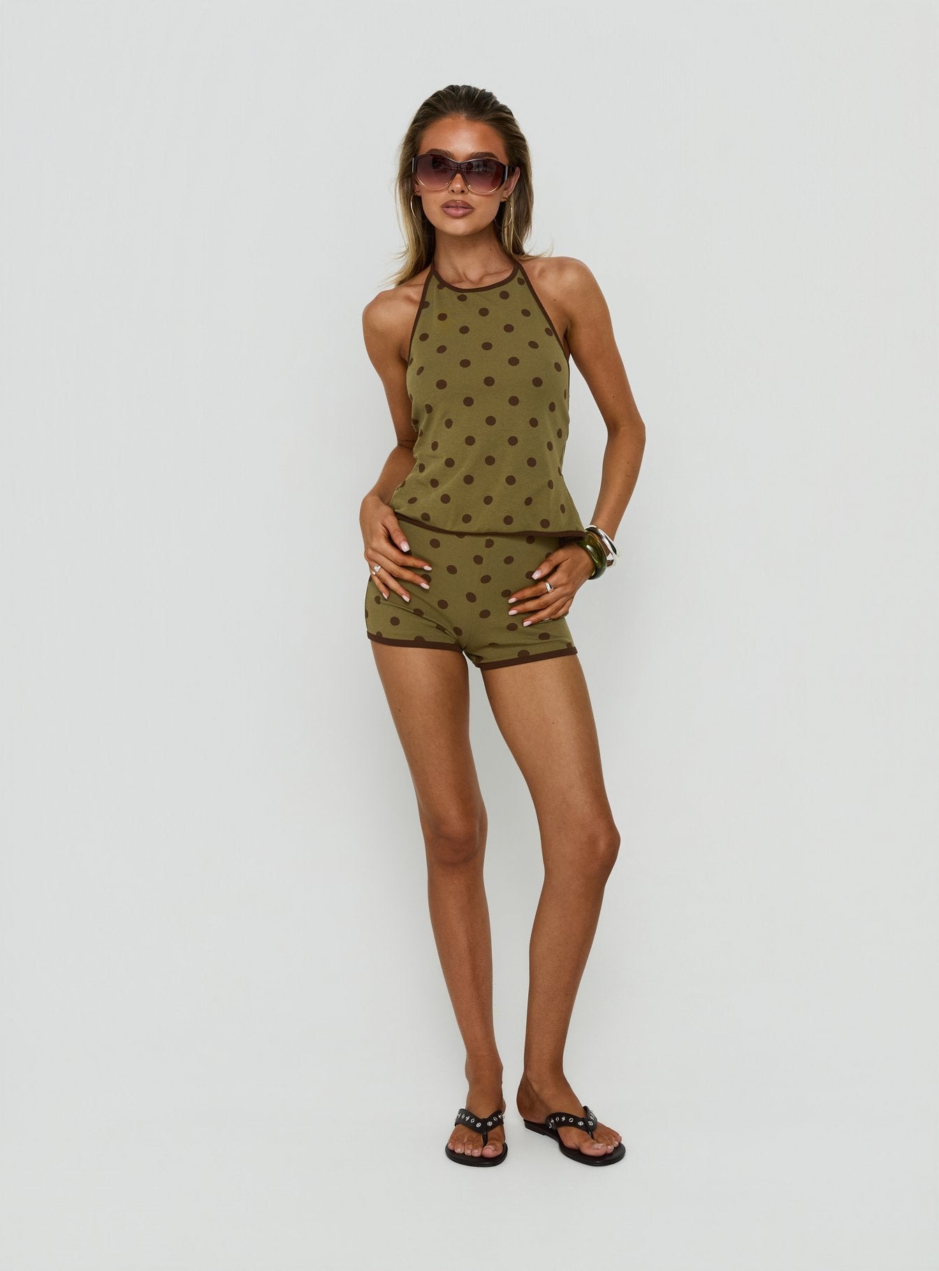 Speranza High Neck Halter Top Green Polka Dot