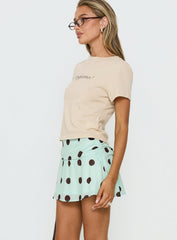 Elicia Ruched Mini Skirt Mint / Chocolate Polka Dot