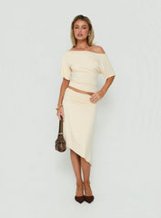 Sezzia Ruched Asymmetrical Midi Skirt Beige