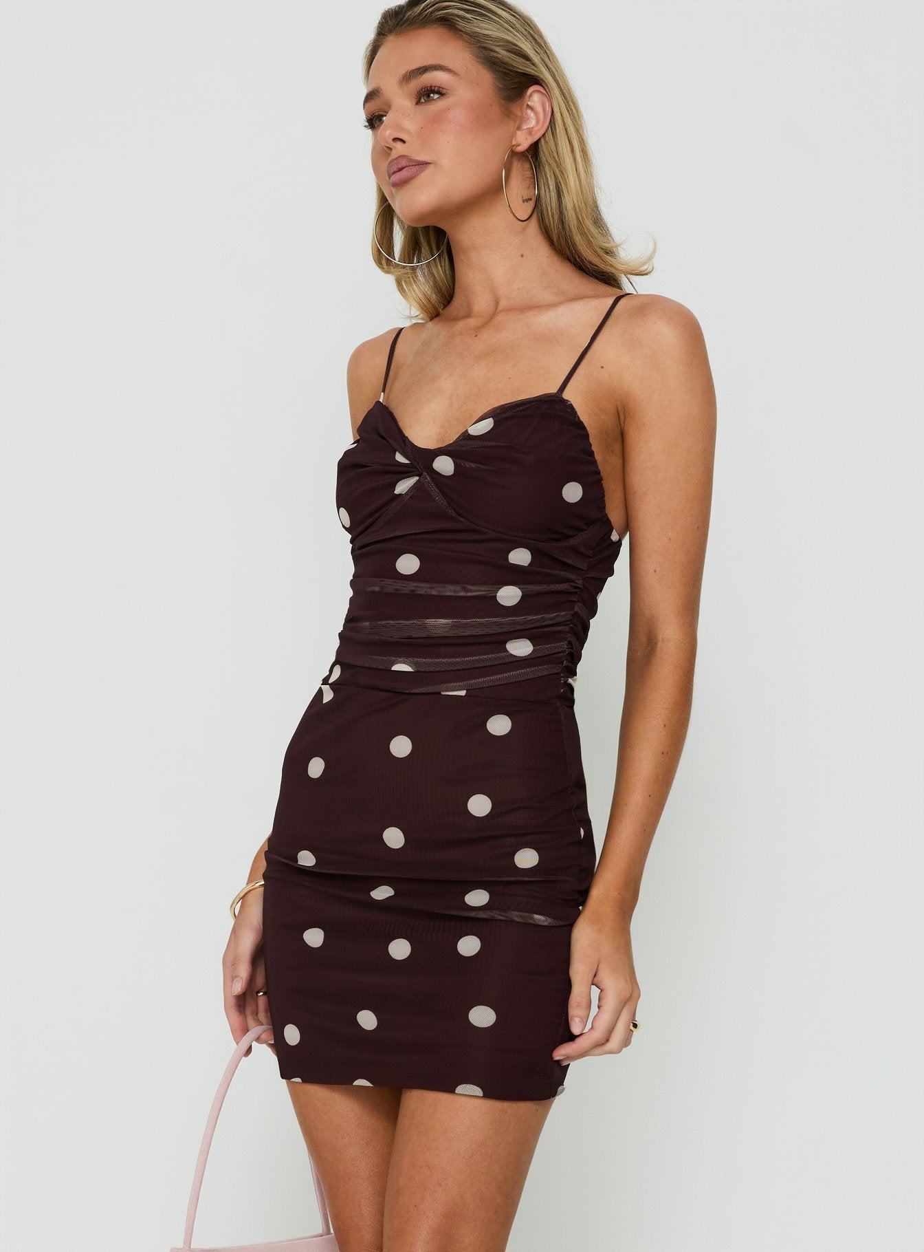Edesia Ruched Mini Dress Chocolate Polka Dot