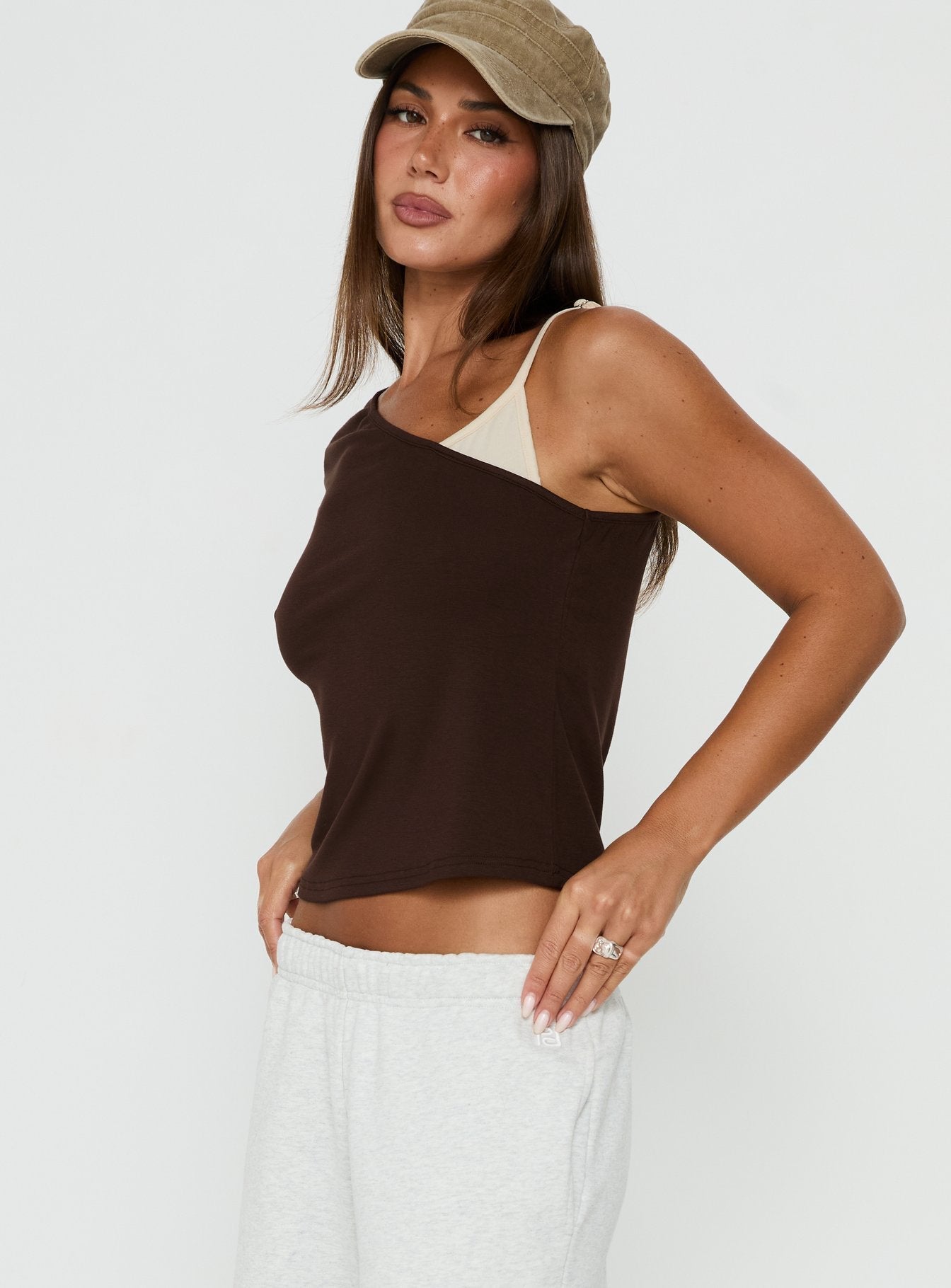 Lunea One Shoulder Contrast Top Brown / Cream