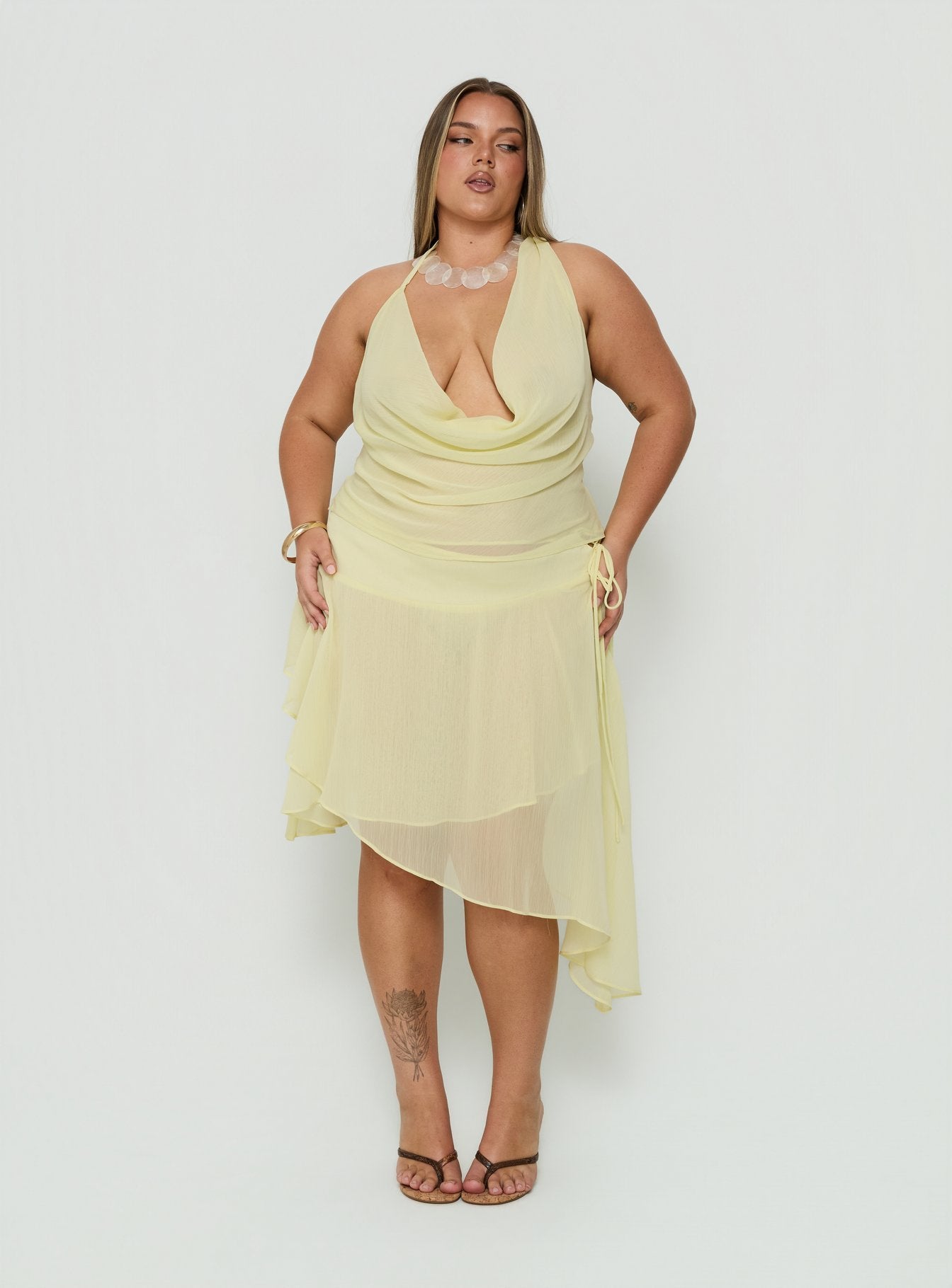 Evaleine Chiffon Cowl Neck Top Baby Yellow Curve