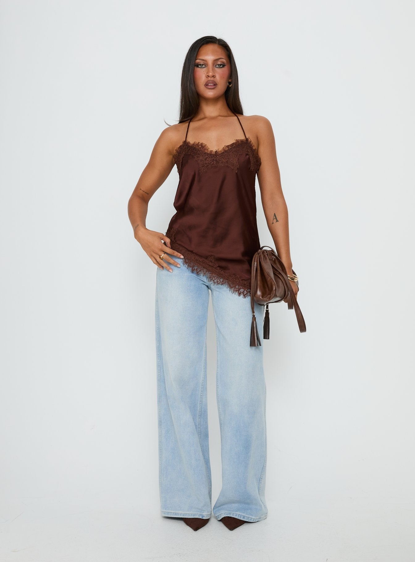 Cosetta Lace Trim Asymmetrical Cami Top Chocolate