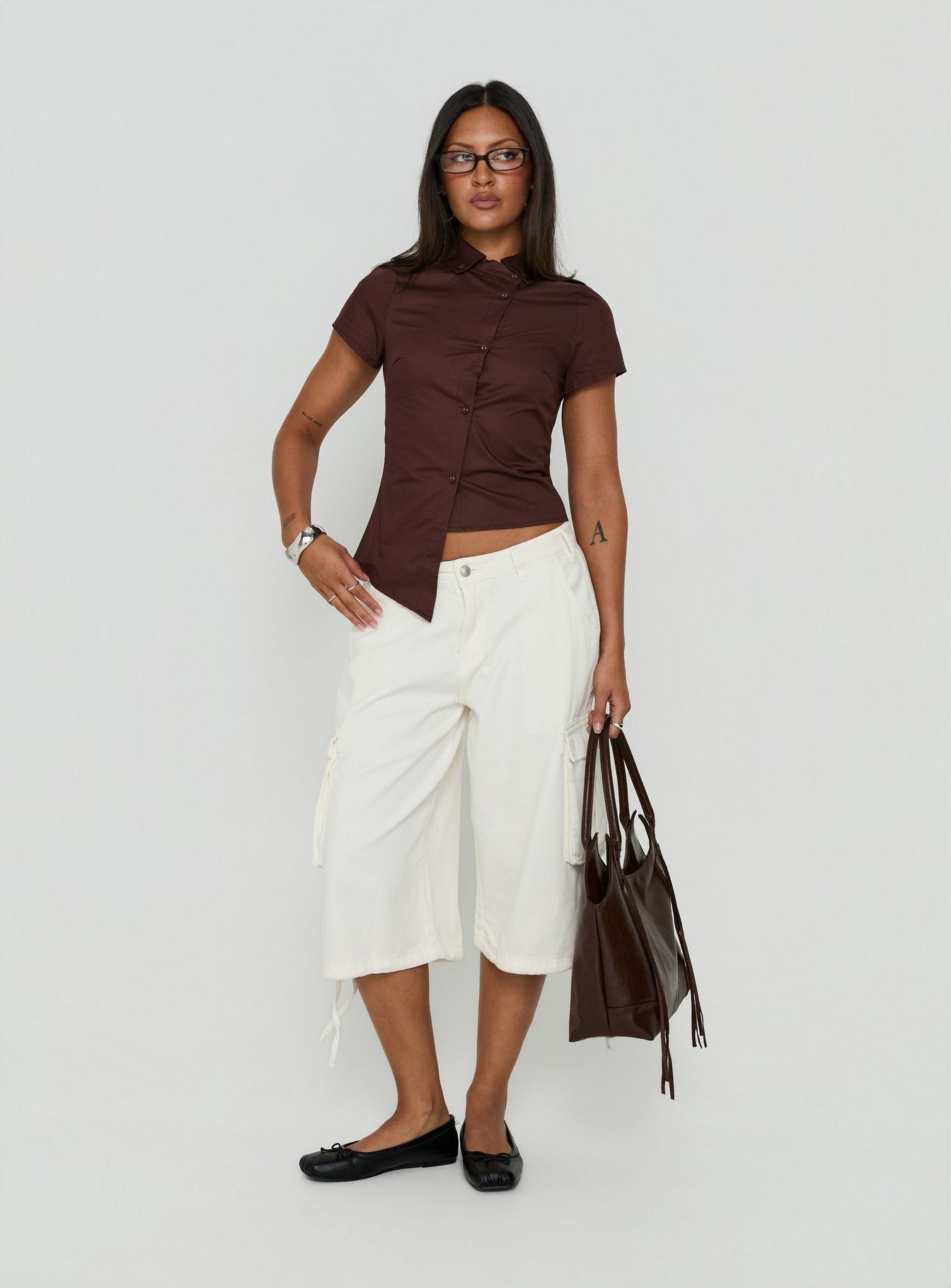 Naomee Asymmetrical Collared Short Sleeve Top Chocolate