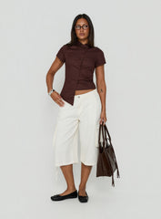Naomee Asymmetrical Collared Short Sleeve Top Chocolate