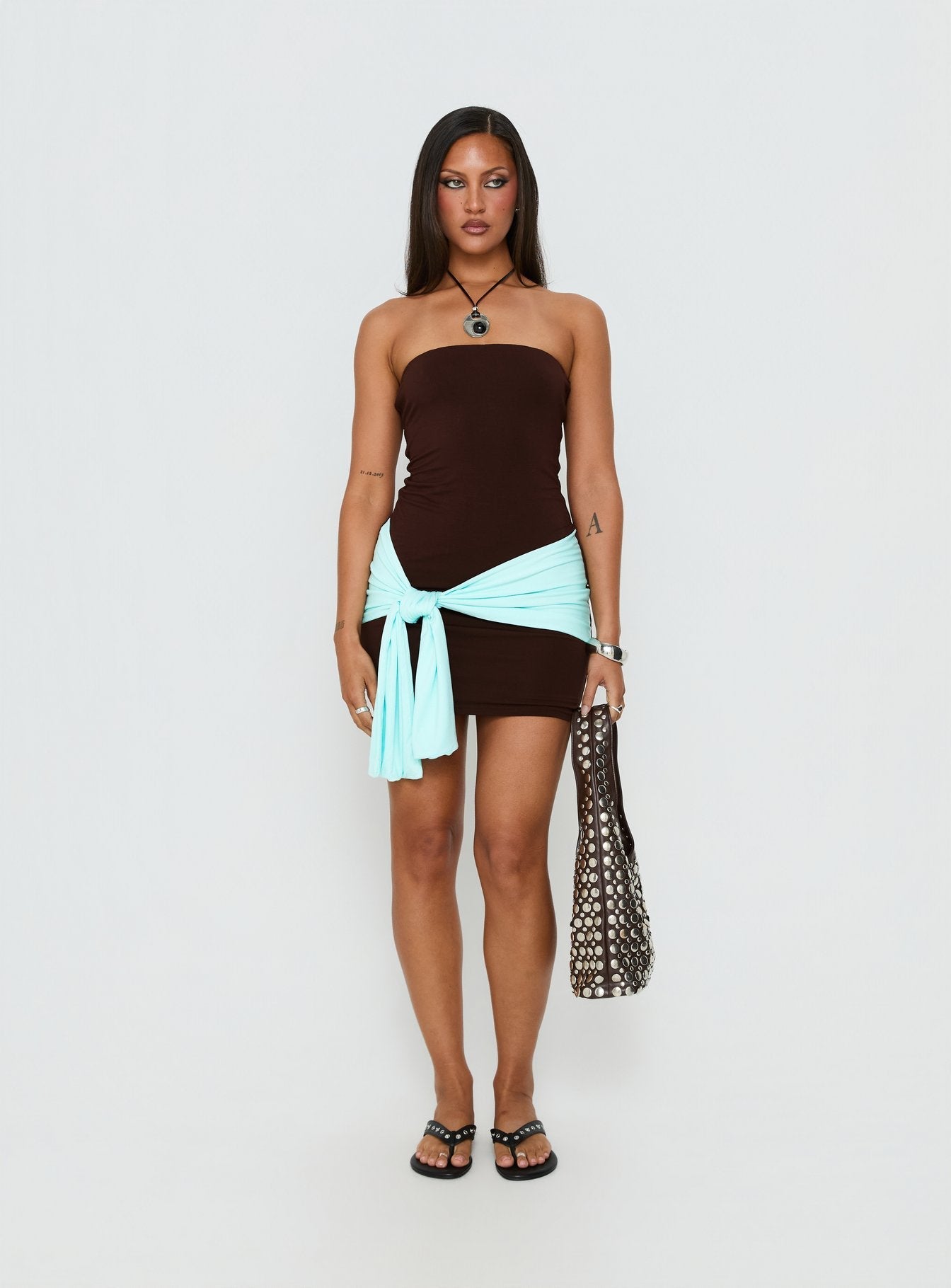 Teeah Strapless Tie Detail Contrast Mini Dress Brown / Blue