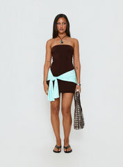 Teeah Strapless Tie Detail Contrast Mini Dress Brown / Blue