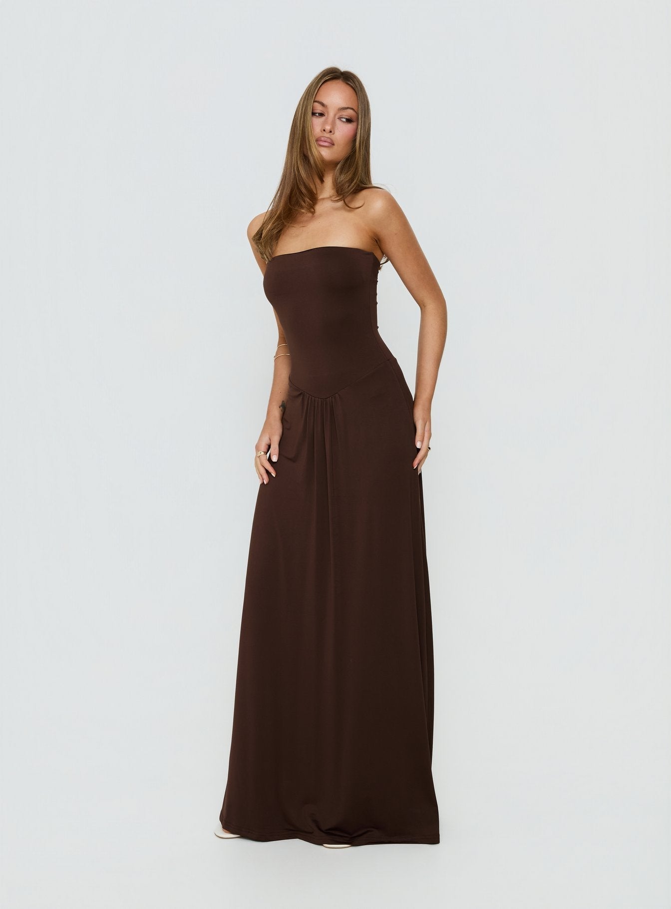 Ophal Strapless Drop Waist Maxi Dress Brown